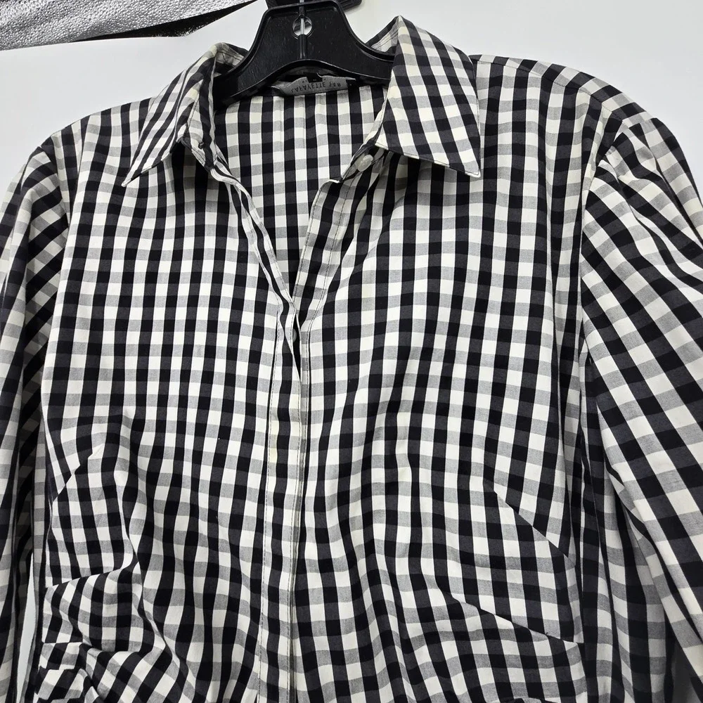 Lafayette 148 NY Leigh Gingham Check Shirt Womens Sz 8 Black White Preppy Picnic - Picture 2 of 13